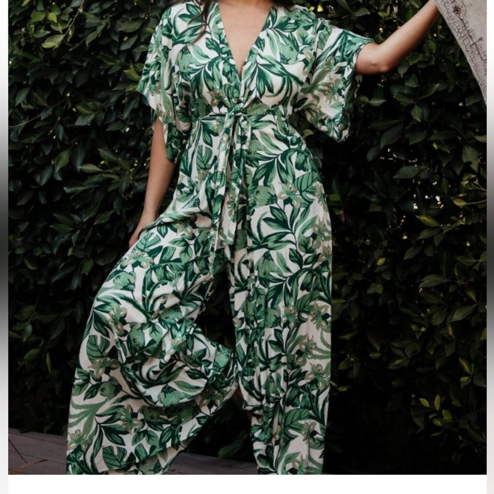 Baltic Born  Green Leaf Print front tie wide leg jumpsuit